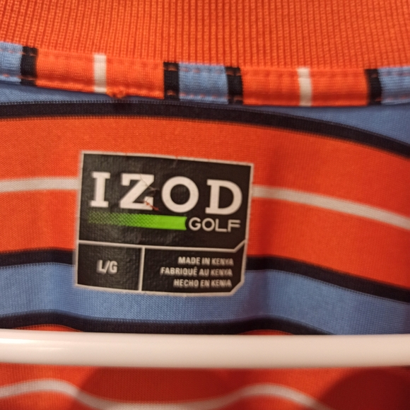 IZOD GOLF POLO SHIRT SS Mens L Athletic Orange Blue Striped Perform X Polyester - Picture 6 of 9